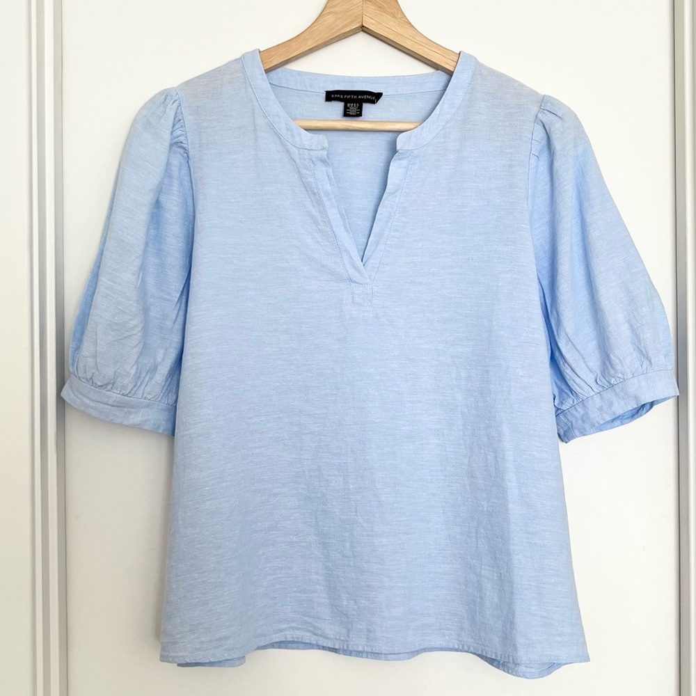 Saks Fifth Avenue Light Blue Puff Sleeve V-Neck Blouse